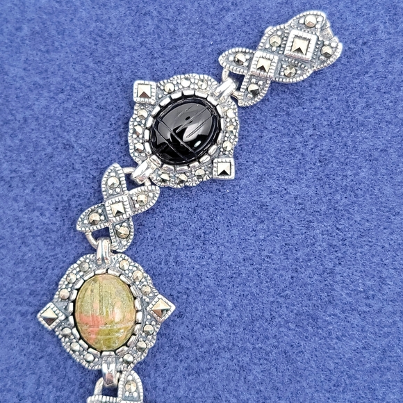 Vintage Sterling Silver Egyptian Revival Scarab Carved Gemstone Bracelet Size 7 - Picture 4 of 8